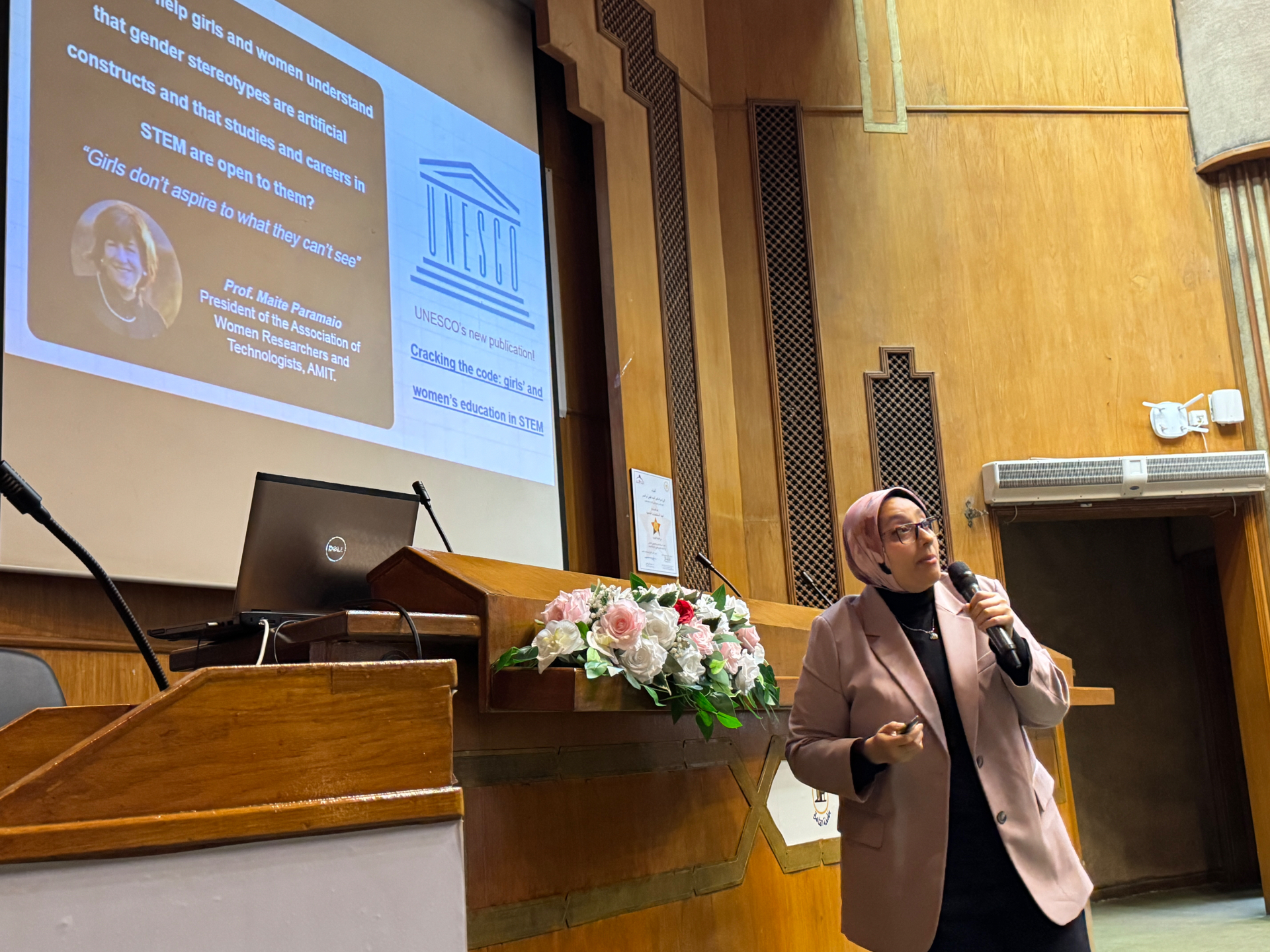 Speaker presenting about women in STEM during the Research Journeys event